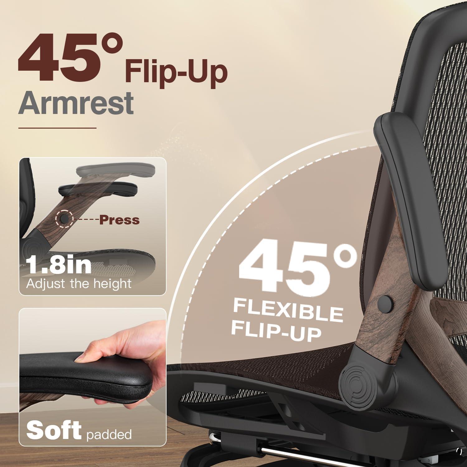 imageGABRYLLY Ergonomic Office Chair with Footrest High Back Mesh Computer Chair with FlipUp Arm 3D Headrest 135 Reclining Rolling Gaming Task Chair with Wide Seat Lumbar Support400LBSBlack Frame Dark Woodgrain