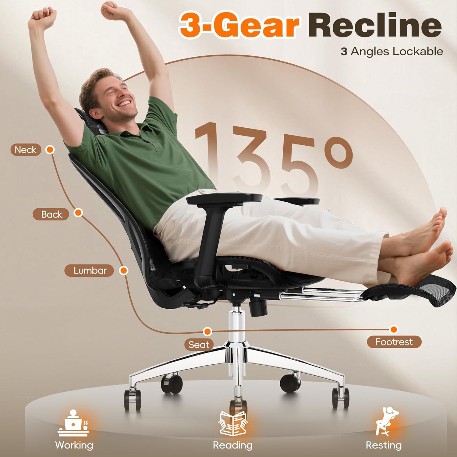 imageGABRYLLY Ergonomic Office Chair with Footrest High Back Mesh Computer Chair with FlipUp Arm 3D Headrest 135 Reclining Rolling Gaming Task Chair with Wide Seat Lumbar Support400LBSBlack