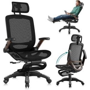 GABRYLLY Ergonomic Office Chair with Footrest, High Back Mesh Computer Chair with Flip-Up Arm, 3D Headrest, 135° Reclining, Rolling Gaming Task Chair with Wide Seat Lumbar Support,400LBS(Black Frame Dark Woodgrain)