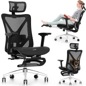 GABRYLLY Ergonomic Office Chair with Footrest, High Back Mesh Computer Chair with Flip-Up Arm, 3D Headrest, 135° Reclining, Rolling Gaming Task Chair with Wide Seat Lumbar Support,400LBS(Onyx Black)