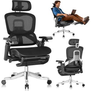 GABRYLLY Ergonomic Office Chair, Home Mesh Desk Chair with Sync Lumbar Support & Sliding Seat, 4D Arm, 150° Recline, Adjustable Back,Big & Tall Computer Chair-Footrest,Aluminum Base, Black,FLOW550(Black)