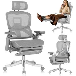 GABRYLLY Ergonomic Office Chair, Home Mesh Desk Chair with Sync Lumbar Support & Sliding Seat, 4D Arm, 150° Recline, Adjustable Back,Big & Tall Computer Chair-Footrest,Aluminum Base, Black,FLOW550(Grey)