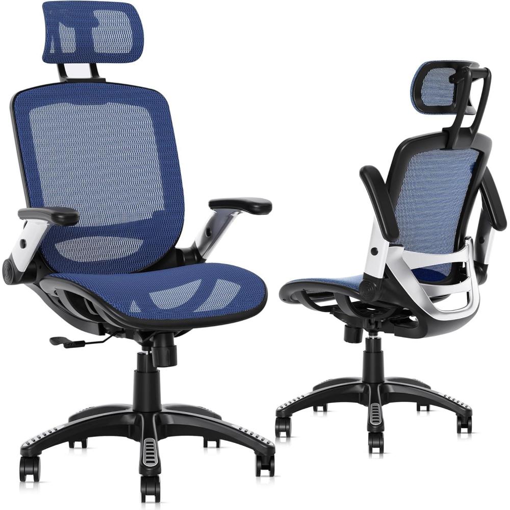 imageGABRYLLY Ergonomic Office Chair High Back Home Desk Chair with FlipUp Arms 3D Headrest Thick Sponge Sea amp90120 Recline Big and Tall Mesh Executive Chairs for Man Woman MidnightCloudNavy Blue