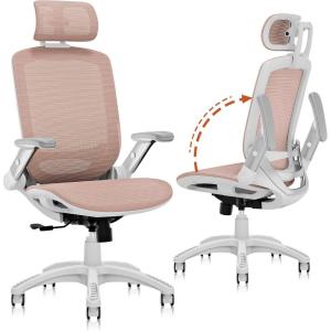 GABRYLLY Ergonomic Office Chair, High Back Home Desk Chair with Flip-Up Arms, 3D Headrest, Thick Sponge Sea &90-120° Recline, Big and Tall Mesh Executive Chairs for Man Woman, Midnight-Cloud(White Frame Pink Mesh)