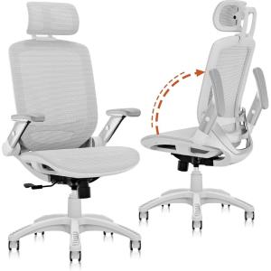 GABRYLLY Ergonomic Office Chair, High Back Home Desk Chair with Flip-Up Arms, 3D Headrest, Thick Sponge Sea &90-120° Recline, Big and Tall Mesh Executive Chairs for Man Woman, Midnight-Cloud(White Frame Grey Mesh)