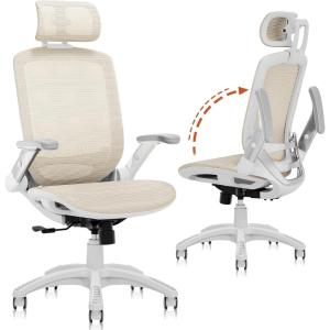 GABRYLLY Ergonomic Office Chair, High Back Home Desk Chair with Flip-Up Arms, 3D Headrest, Thick Sponge Sea &90-120° Recline, Big and Tall Mesh Executive Chairs for Man Woman, Midnight-Cloud(White Frame Beige Mesh)