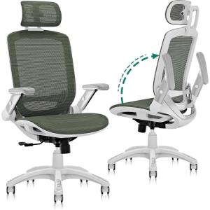 GABRYLLY Ergonomic Office Chair, High Back Home Desk Chair with Flip-Up Arms, 3D Headrest, Thick Sponge Sea &90-120° Recline, Big and Tall Mesh Executive Chairs for Man Woman, Midnight-Cloud(White Frame Olive Green Mesh)
