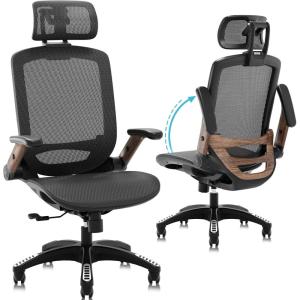 GABRYLLY Ergonomic Office Chair, High Back Home Desk Chair with Flip-Up Arms, 3D Headrest, Thick Sponge Seat &90-120° Recline, Big and Tall Mesh Executive Chairs for Man Woman, Glacier Flow(Black Frame Dark Woodgrain)