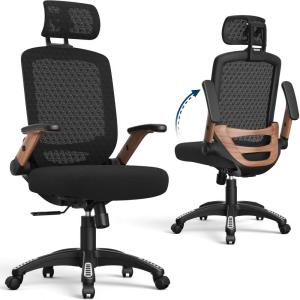 GABRYLLY Ergonomic Office Chair, High Back Home Desk Chair with Flip-Up Arms, 3D Headrest, Thick Sponge Seat &90-120° Recline, Big and Tall Mesh Executive Chairs for Man Woman, Glacier Flow(Black Woodgrain)