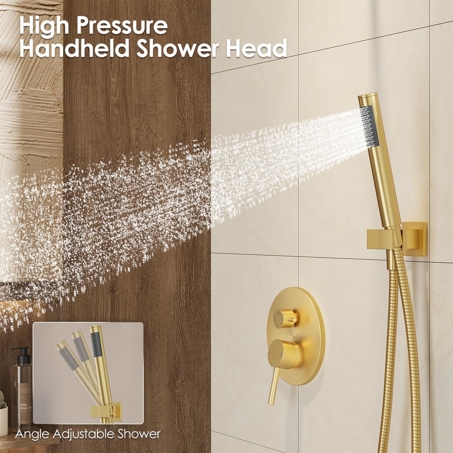 image:imageGabrylly Brushed Gold Bathtub Shower Faucet Set with Tub Spout 10 Inch Wall Mounted High Pressure Rainfall Shower Head with Handheld Combo 3Way Diverter Valve Complete Bathroom Shower FixturesBrushed Gold3
