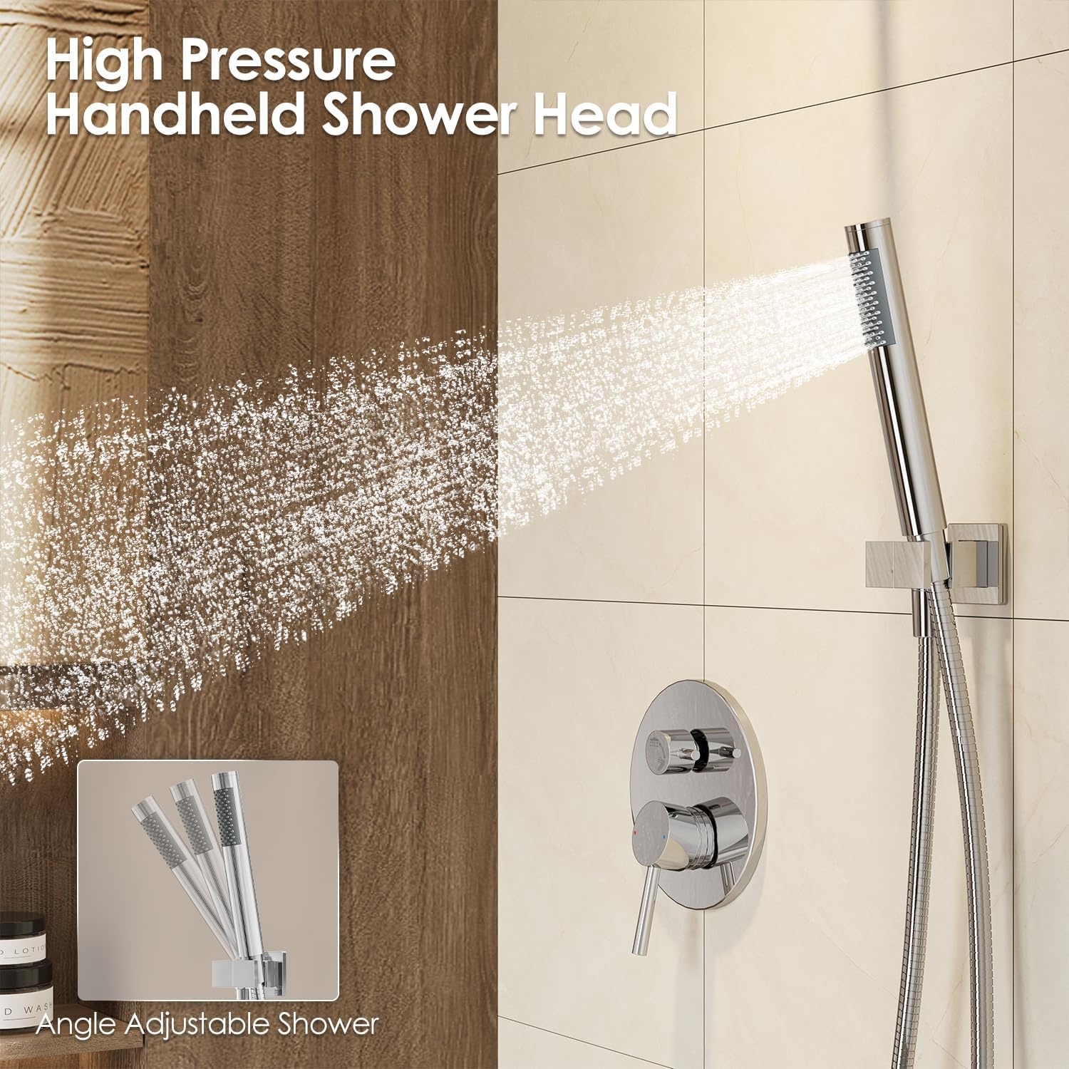 image:imageGabrylly Brushed Gold Bathtub Shower Faucet Set with Tub Spout 10 Inch Wall Mounted High Pressure Rainfall Shower Head with Handheld Combo 3Way Diverter Valve Complete Bathroom Shower FixturesChrome