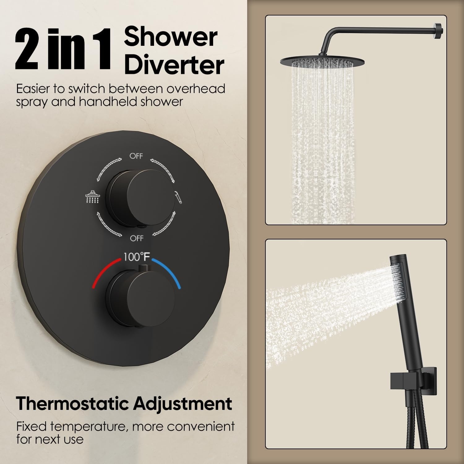 image:imageGabrylly Brushed Gold Bathtub Shower Faucet Set with Tub Spout 10 Inch Wall Mounted High Pressure Rainfall Shower Head with Handheld Combo 3Way Diverter Valve Complete Bathroom Shower FixturesMatte Black 2