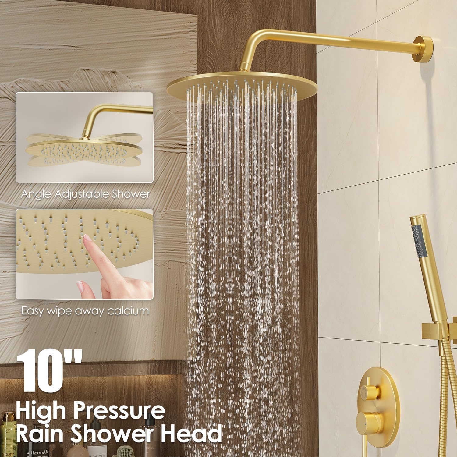 image:imageGabrylly Brushed Gold Bathtub Shower Faucet Set with Tub Spout 10 Inch Wall Mounted High Pressure Rainfall Shower Head with Handheld Combo 3Way Diverter Valve Complete Bathroom Shower FixturesBrushed Gold3