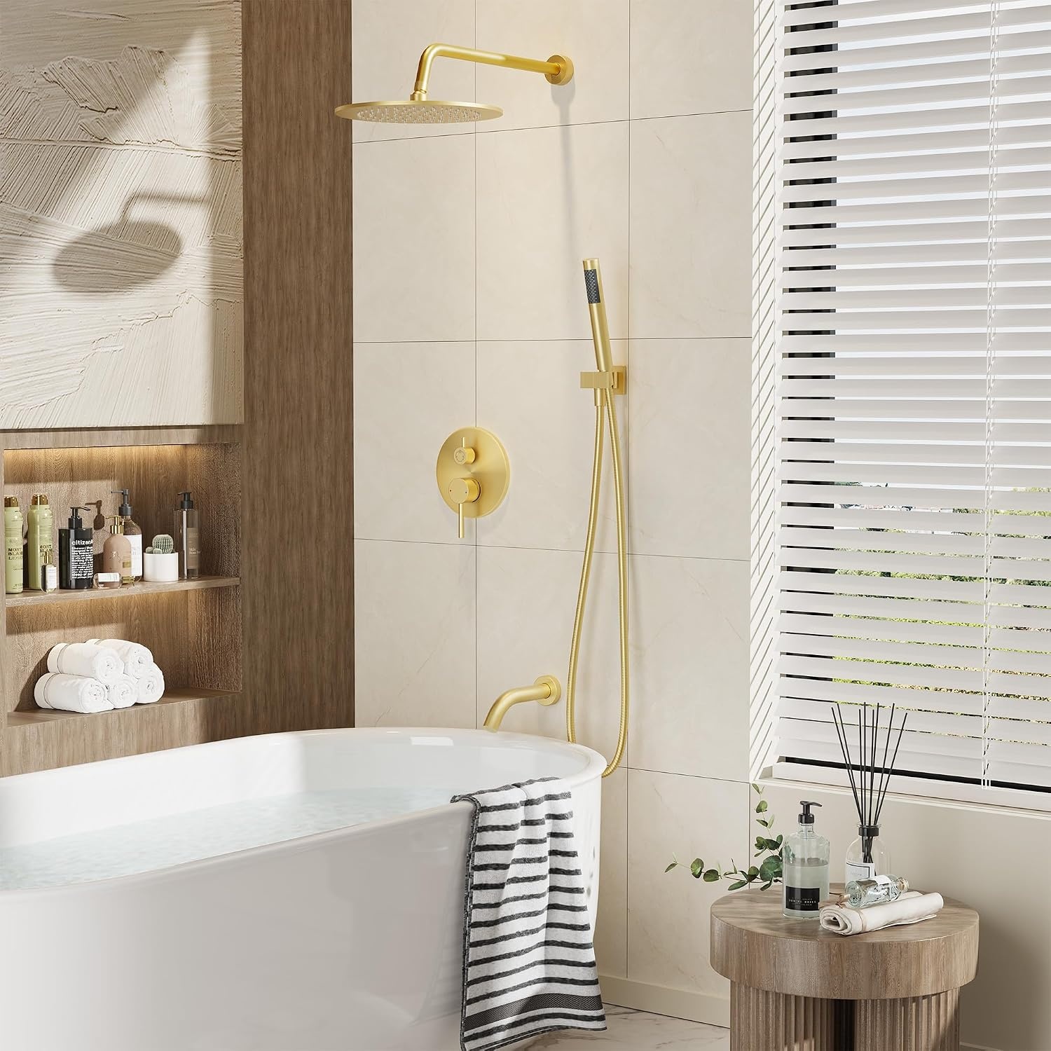 image:imageGabrylly Brushed Gold Bathtub Shower Faucet Set with Tub Spout 10 Inch Wall Mounted High Pressure Rainfall Shower Head with Handheld Combo 3Way Diverter Valve Complete Bathroom Shower FixturesBrushed Gold3