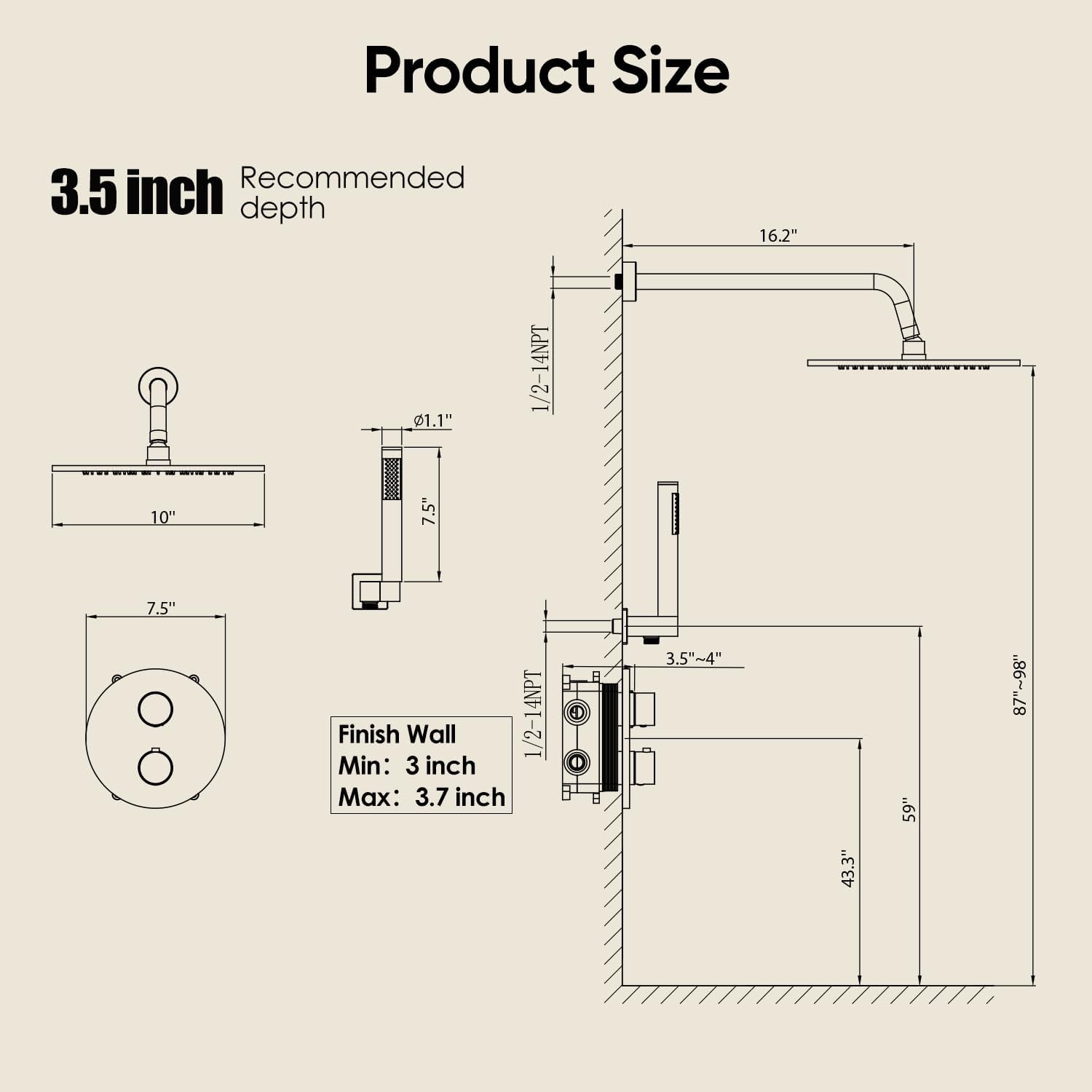 image:imageGabrylly Brushed Gold Bathtub Shower Faucet Set with Tub Spout 10 Inch Wall Mounted High Pressure Rainfall Shower Head with Handheld Combo 3Way Diverter Valve Complete Bathroom Shower FixturesMatte Black 2