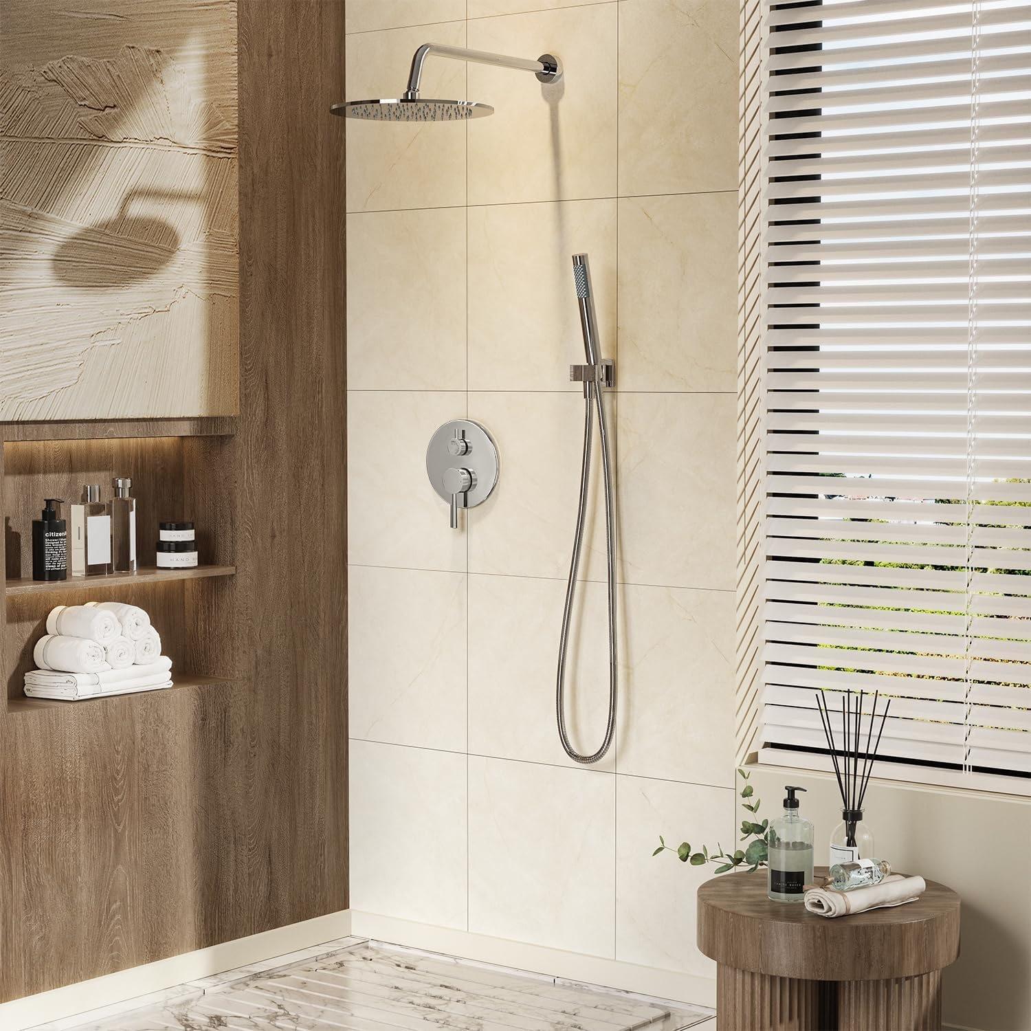 image:imageGabrylly Brushed Gold Bathtub Shower Faucet Set with Tub Spout 10 Inch Wall Mounted High Pressure Rainfall Shower Head with Handheld Combo 3Way Diverter Valve Complete Bathroom Shower FixturesChrome