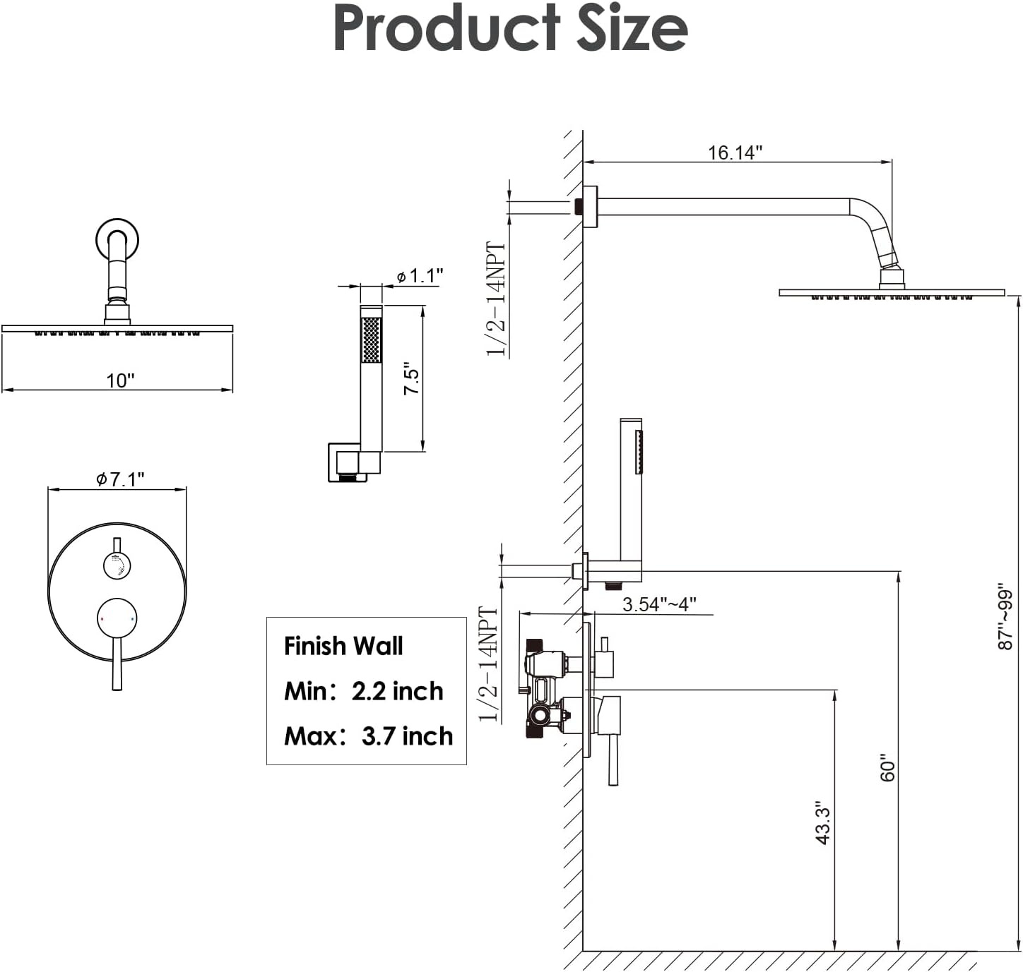 image:imageGabrylly Brushed Gold Bathtub Shower Faucet Set with Tub Spout 10 Inch Wall Mounted High Pressure Rainfall Shower Head with Handheld Combo 3Way Diverter Valve Complete Bathroom Shower FixturesChrome