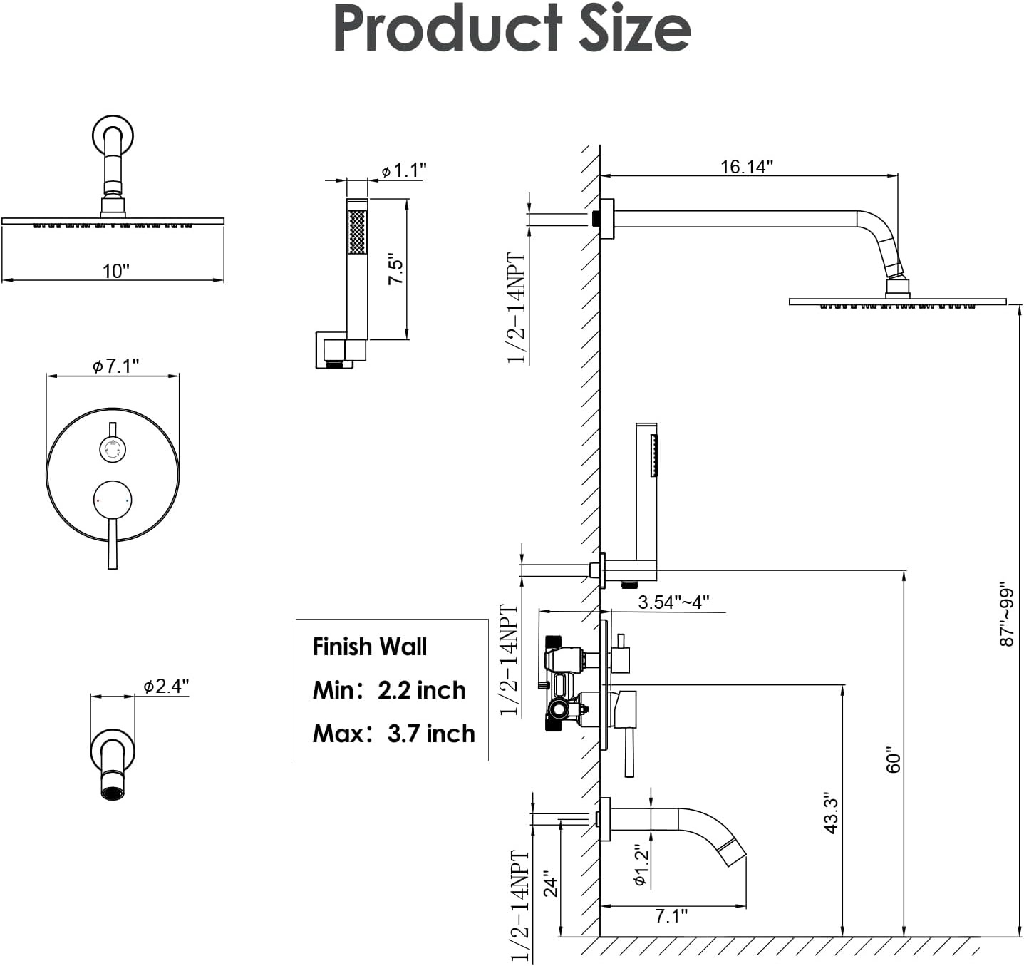 image:imageGabrylly Brushed Gold Bathtub Shower Faucet Set with Tub Spout 10 Inch Wall Mounted High Pressure Rainfall Shower Head with Handheld Combo 3Way Diverter Valve Complete Bathroom Shower FixturesChrome3