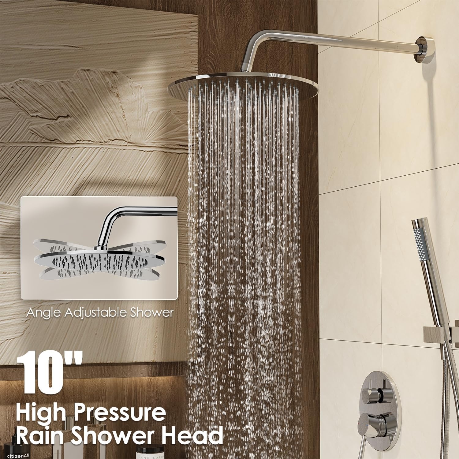 image:imageGabrylly Brushed Gold Bathtub Shower Faucet Set with Tub Spout 10 Inch Wall Mounted High Pressure Rainfall Shower Head with Handheld Combo 3Way Diverter Valve Complete Bathroom Shower FixturesChrome