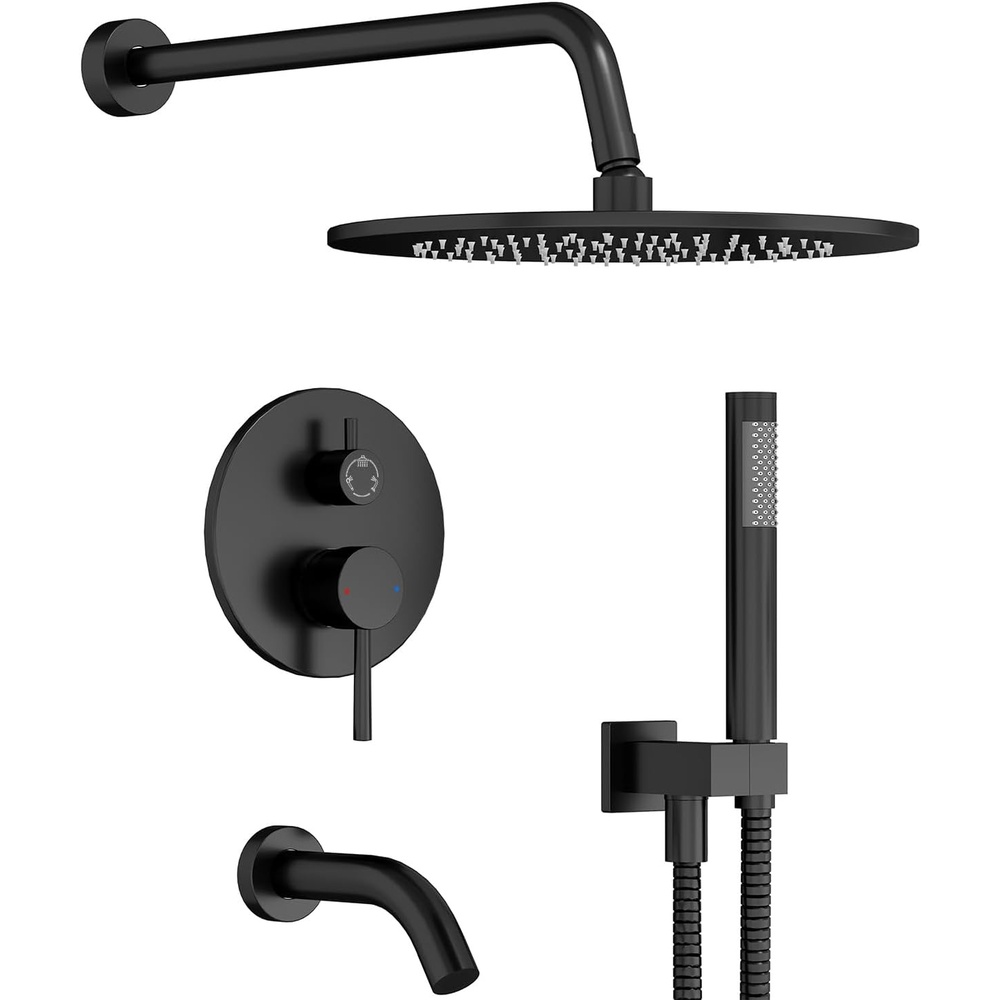 image:imageGabrylly Brushed Gold Bathtub Shower Faucet Set with Tub Spout 10 Inch Wall Mounted High Pressure Rainfall Shower Head with Handheld Combo 3Way Diverter Valve Complete Bathroom Shower FixturesMatte Black3
