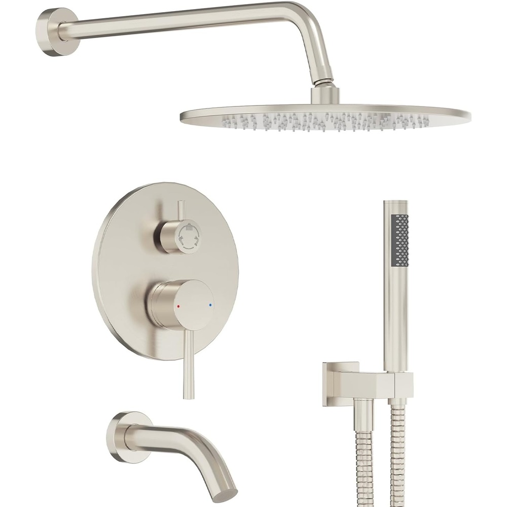 image:imageGabrylly Brushed Gold Bathtub Shower Faucet Set with Tub Spout 10 Inch Wall Mounted High Pressure Rainfall Shower Head with Handheld Combo 3Way Diverter Valve Complete Bathroom Shower FixturesBrushed Nickel3
