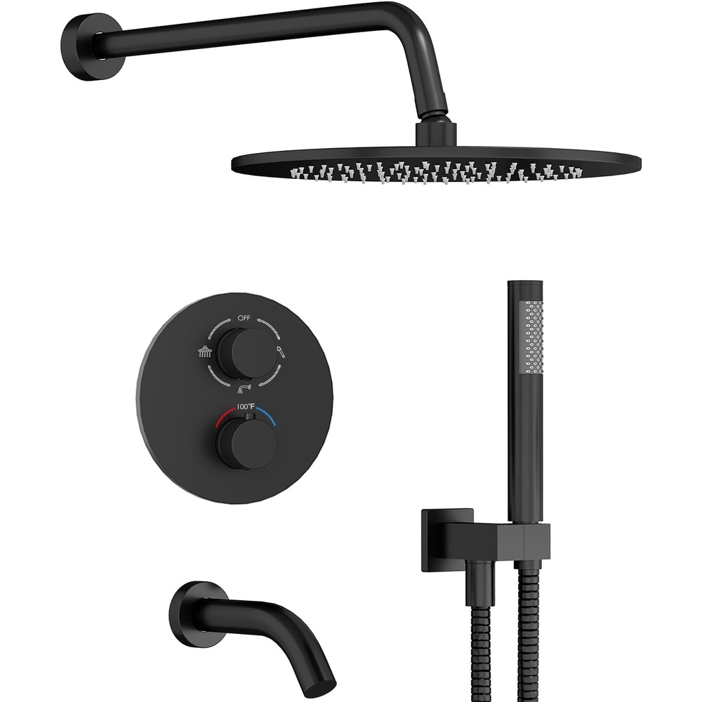 image:imageGabrylly Brushed Gold Bathtub Shower Faucet Set with Tub Spout 10 Inch Wall Mounted High Pressure Rainfall Shower Head with Handheld Combo 3Way Diverter Valve Complete Bathroom Shower FixturesMatte Black 23