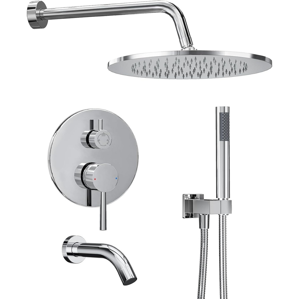 image:imageGabrylly Brushed Gold Bathtub Shower Faucet Set with Tub Spout 10 Inch Wall Mounted High Pressure Rainfall Shower Head with Handheld Combo 3Way Diverter Valve Complete Bathroom Shower FixturesChrome3