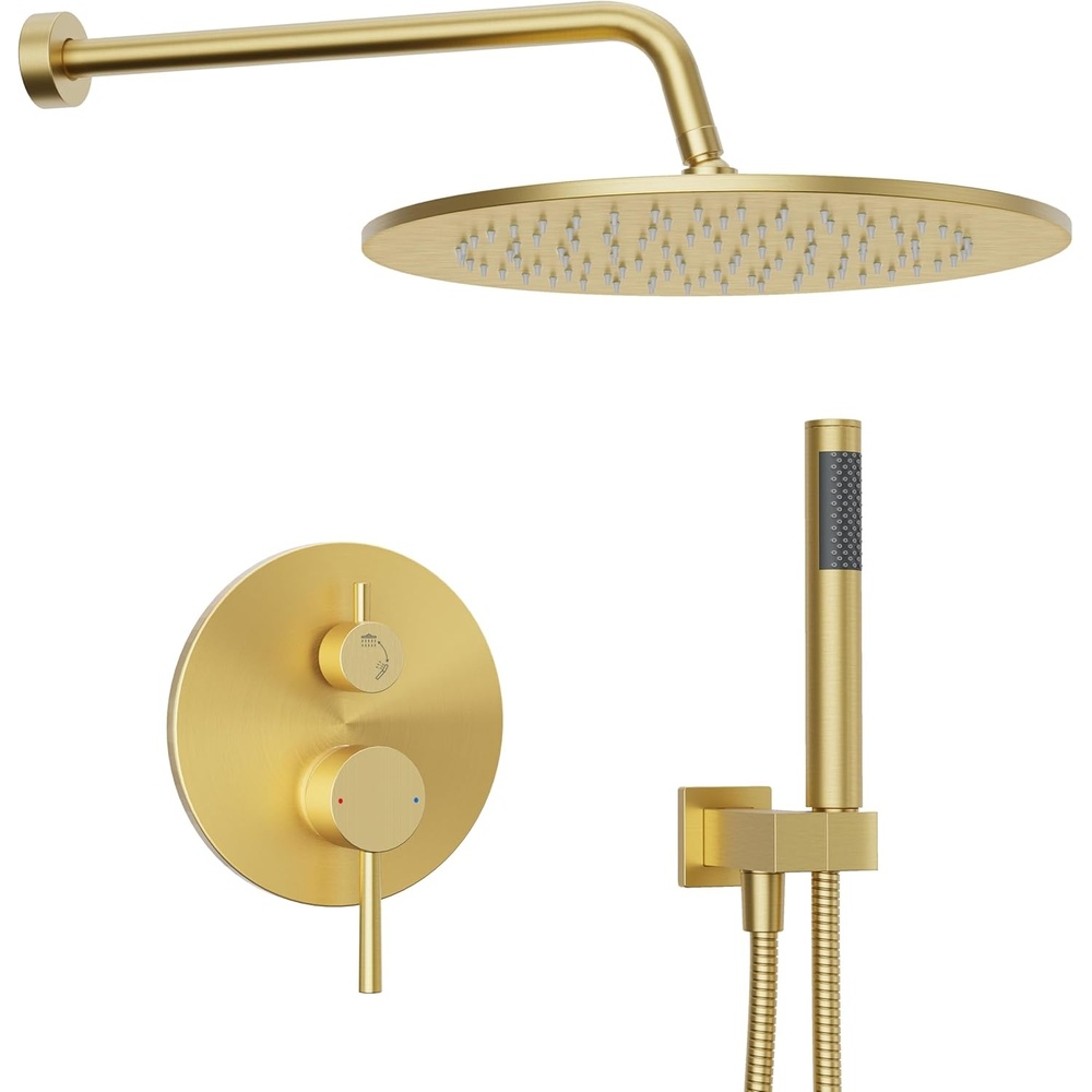 image:imageGabrylly Brushed Gold Bathtub Shower Faucet Set with Tub Spout 10 Inch Wall Mounted High Pressure Rainfall Shower Head with Handheld Combo 3Way Diverter Valve Complete Bathroom Shower FixturesBrushed Gold